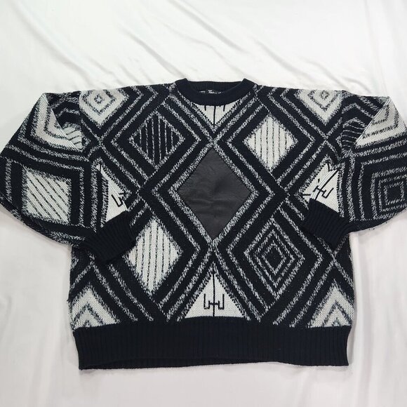 Impact Other - Vintage Geometric Sweater with Leather Details Large